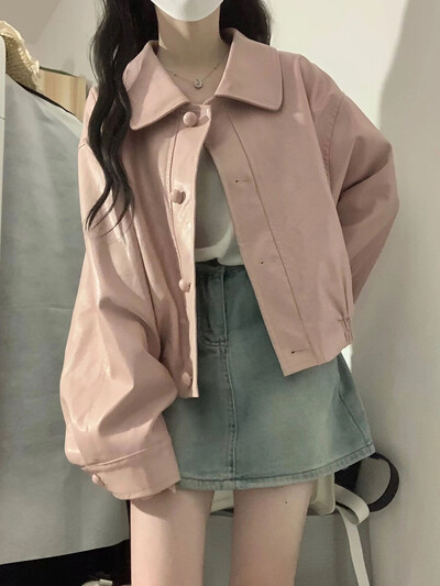 Корейско едноредно розово палто от PU кожа Дамско палто пролет есен ретро свободен дизайн Универсално яке Горнище голям размер S-4XL