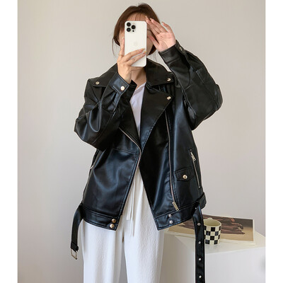 UCXQ korejska narančasta široka crna pu kožna jakna Novi ženski kaput s dugim rukavima na rever Fashion Tide proljeće ljeto 2024. SM4039