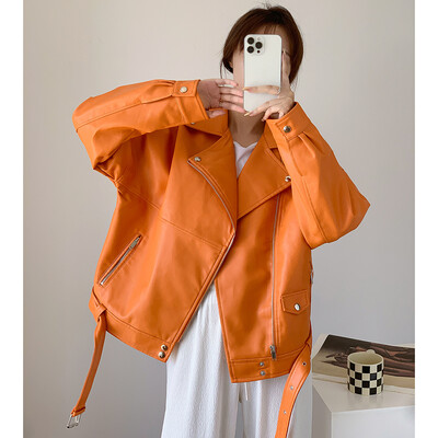 UCXQ korejska narančasta široka crna pu kožna jakna Novi ženski kaput s dugim rukavima na rever Fashion Tide proljeće ljeto 2024. SM4039