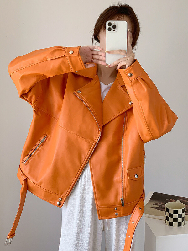 UCXQ korejska narančasta široka crna pu kožna jakna Novi ženski kaput s dugim rukavima na rever Fashion Tide proljeće ljeto 2024. SM4039