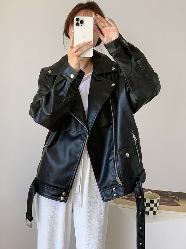 UCXQ korejska narančasta široka crna pu kožna jakna Novi ženski kaput s dugim rukavima na rever Fashion Tide proljeće ljeto 2024. SM4039