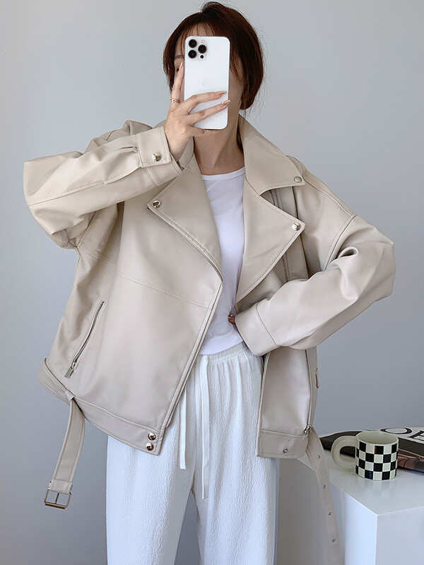 UCXQ korejska narančasta široka crna pu kožna jakna Novi ženski kaput s dugim rukavima na rever Fashion Tide proljeće ljeto 2024. SM4039