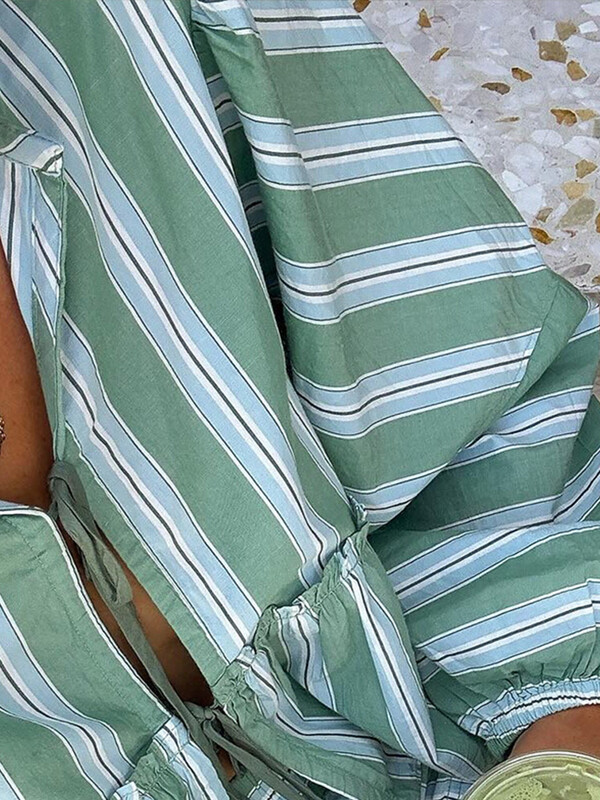 Ležerne prugaste košulje Kompleti kratkih hlača za žene Bluze s lanternastim rukavima na vezanje Široke kratke hlače Ljeto 2024. Lady Chic Set od 2 komada