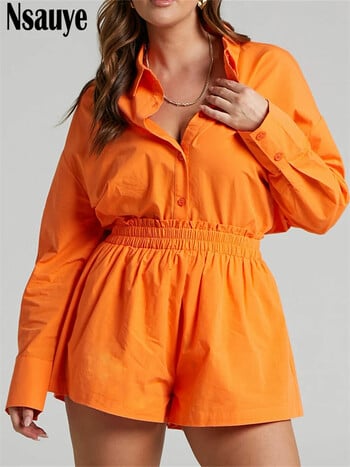 Nsauye Lounge Wear Women 2022 Casual μπλε κοστούμι Overszied φαρδύ μακρυμάνικο πουκάμισο μπλούζες και μίνι σορτς αθλητική φόρμα δύο τεμαχίων