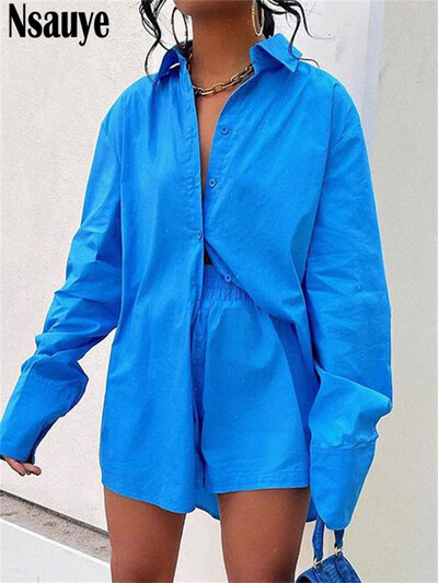 Nsauye Lounge Wear Women 2022 Ležerno plavo odijelo Overszied široke majice dugih rukava i mini kratke hlače Trenirka dvodijelni set