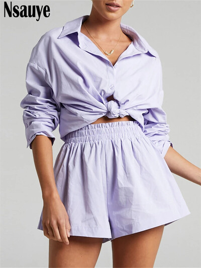 Nsauye Lounge Wear Women 2022 Ležerno plavo odijelo Overszied široke majice dugih rukava i mini kratke hlače Trenirka dvodijelni set