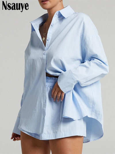 Nsauye Lounge Wear Women 2022 Ležerno plavo odijelo Overszied široke majice dugih rukava i mini kratke hlače Trenirka dvodijelni set