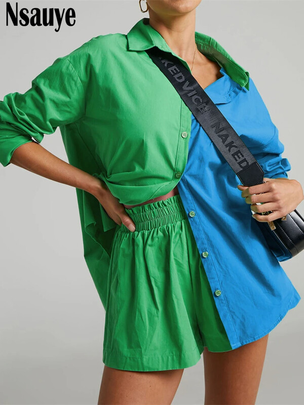 Nsauye Lounge Wear Women 2022 Ležerno plavo odijelo Overszied široke majice dugih rukava i mini kratke hlače Trenirka dvodijelni set