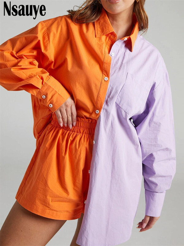 Nsauye Lounge Wear Women 2022 Ležerno plavo odijelo Overszied široke majice dugih rukava i mini kratke hlače Trenirka dvodijelni set