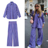 Καλοκαιρινή μόδα UETEEY Γυναικεία κοστούμια παντελόνι Ρίγες γυριστό γιακά μακριά μανίκια Πουκάμισα με μονό στήθος + Ελαστική μέση τσέπες παντελόνι