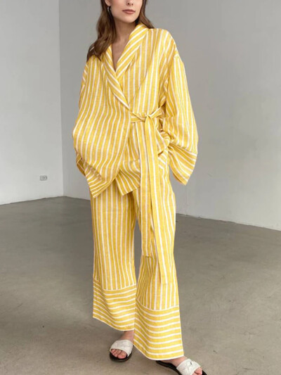 Modni ženski dvodijelni kompleti, prugaste pidžame s otvorenim ovratnikom, dugih rukava, noćne hlače na vezanje, široke ženske spavaćice