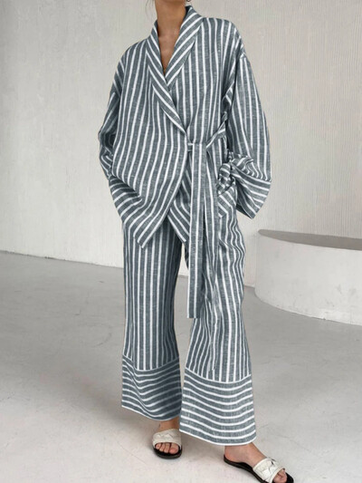 Modni ženski dvodijelni kompleti, prugaste pidžame s otvorenim ovratnikom, dugih rukava, noćne hlače na vezanje, široke ženske spavaćice