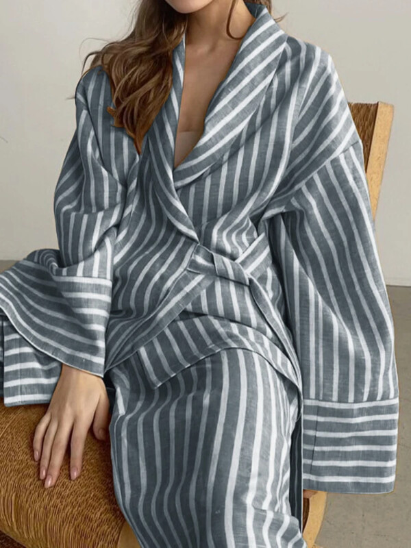 Modni ženski dvodijelni kompleti, prugaste pidžame s otvorenim ovratnikom, dugih rukava, noćne hlače na vezanje, široke ženske spavaćice