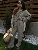 Oymimi Fashion Khaki Print 2 részes készletek Női öltözet Elegáns, hosszú ujjú zsebes gombos ingek és magas derekú egyenes nadrág szett