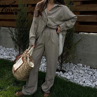 Oymimi Fashion Khaki Print 2 részes készletek Női öltözet Elegáns, hosszú ujjú zsebes gombos ingek és magas derekú egyenes nadrág szett