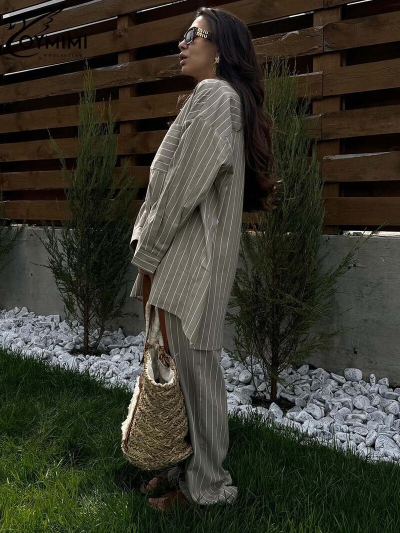 Oymimi Fashion Khaki Print 2 részes készletek Női öltözet Elegáns, hosszú ujjú zsebes gombos ingek és magas derekú egyenes nadrág szett