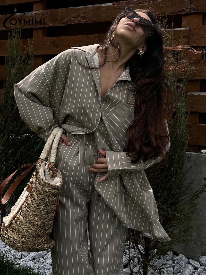 Oymimi Fashion Khaki Print 2 részes készletek Női öltözet Elegáns, hosszú ujjú zsebes gombos ingek és magas derekú egyenes nadrág szett