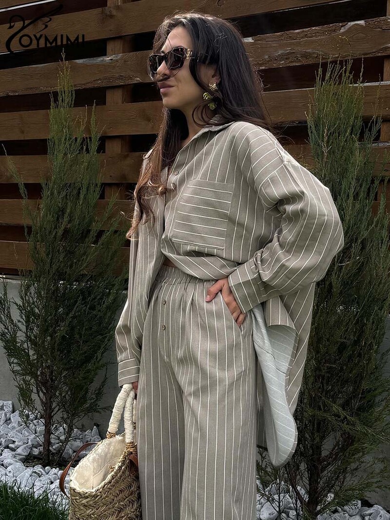 Oymimi Fashion Khaki Print 2 részes készletek Női öltözet Elegáns, hosszú ujjú zsebes gombos ingek és magas derekú egyenes nadrág szett