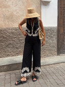 Novo modno odijelo s oštrim prslukom s kontrastnim printom i elegantnim ženskim majicama bez rukava s V izrezom Komplet hlača širokih nogavica Elegantna ženska odjeća