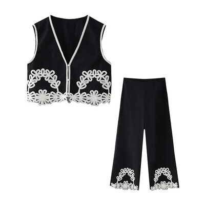 Novo modno odijelo s oštrim prslukom s kontrastnim printom i elegantnim ženskim majicama bez rukava s V izrezom Komplet hlača širokih nogavica Elegantna ženska odjeća