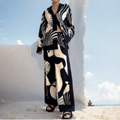 2024 Set de 2 bucăți cu imprimeu digital pentru femei, bluză șic cu mâneci lungi, top, pantaloni largi, cu picioare drepte, costum de modă, ținute de streetwear