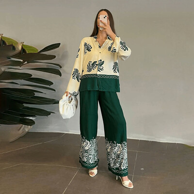 Set pantaloni casual femei 2 piese 2024 nasturi cu rever cu imprimeu cămașă cu mâneci lungi cu talie înaltă seturi de pantaloni largi cu picioare largi Eleganti