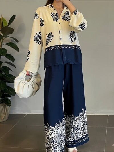 Γυναικείο Σετ παντελόνι για γυναίκες 2 τεμαχίων 2024 με κουμπιά πέτο με στάμπα μακρυμάνικο πουκάμισο ψηλόμεσο φαρδύ και φαρδύ παντελόνι Κομψό