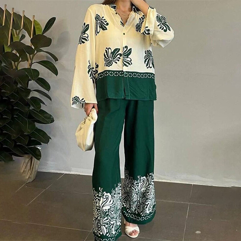 Γυναικείο Σετ παντελόνι για γυναίκες 2 τεμαχίων 2024 με κουμπιά πέτο με στάμπα μακρυμάνικο πουκάμισο ψηλόμεσο φαρδύ και φαρδύ παντελόνι Κομψό
