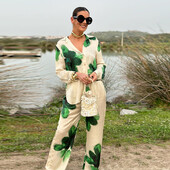 Εκτυπωμένο σετ 2 τεμαχίων Γυναικεία φαρδιά πέτο Πουκάμισα με μονό στήθος Ψηλόμεση Φαρδιά πόδι Κοστούμια 2024 Καλοκαίρι γυναικεία παντελόνια