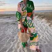 Модни ваканционни тоалети с принт Дамски комплекти с риза с дълъг ръкав и широки панталони Летен ежедневен свободен плажен комплект от две части 2024 г. Нов