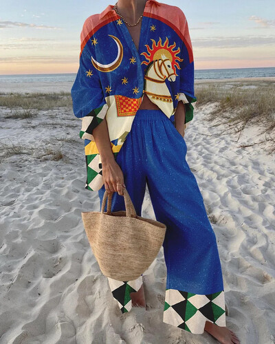 Модни ваканционни тоалети с принт Дамски комплекти с риза с дълъг ръкав и широки панталони Летен ежедневен свободен плажен комплект от две части 2024 г. Нов