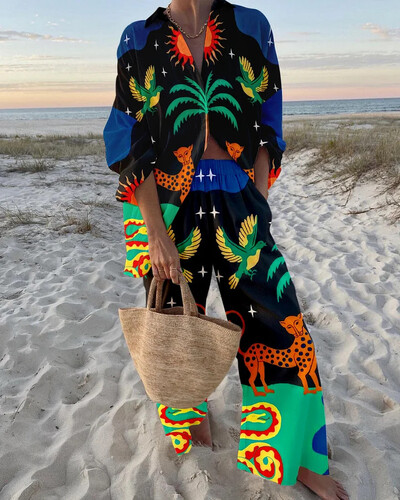 Модни ваканционни тоалети с принт Дамски комплекти с риза с дълъг ръкав и широки панталони Летен ежедневен свободен плажен комплект от две части 2024 г. Нов