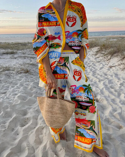 Модни ваканционни тоалети с принт Дамски комплекти с риза с дълъг ръкав и широки панталони Летен ежедневен свободен плажен комплект от две части 2024 г. Нов