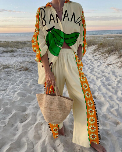 Модни ваканционни тоалети с принт Дамски комплекти с риза с дълъг ръкав и широки панталони Летен ежедневен свободен плажен комплект от две части 2024 г. Нов