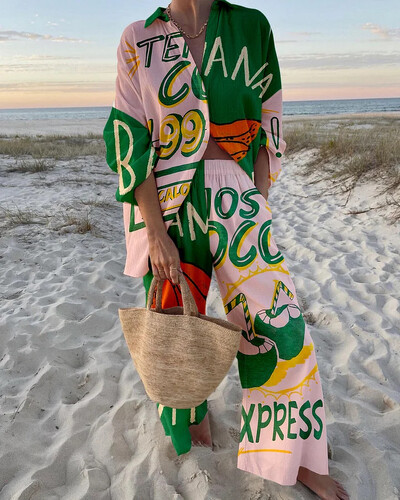 Модни ваканционни тоалети с принт Дамски комплекти с риза с дълъг ръкав и широки панталони Летен ежедневен свободен плажен комплект от две части 2024 г. Нов