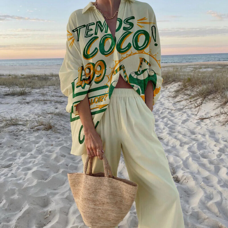 Модни ваканционни тоалети с принт Дамски комплекти с риза с дълъг ръкав и широки панталони Летен ежедневен свободен плажен комплект от две части 2024 г. Нов