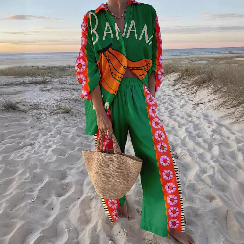 Модни ваканционни тоалети с принт Дамски комплекти с риза с дълъг ръкав и широки панталони Летен ежедневен свободен плажен комплект от две части 2024 г. Нов