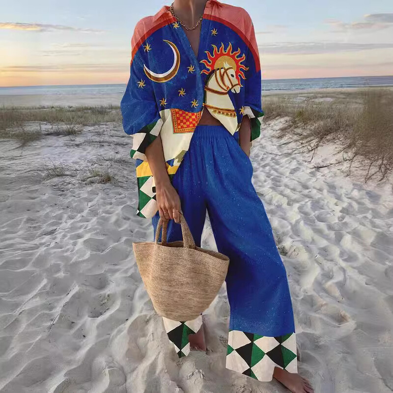 Модни ваканционни тоалети с принт Дамски комплекти с риза с дълъг ръкав и широки панталони Летен ежедневен свободен плажен комплект от две части 2024 г. Нов