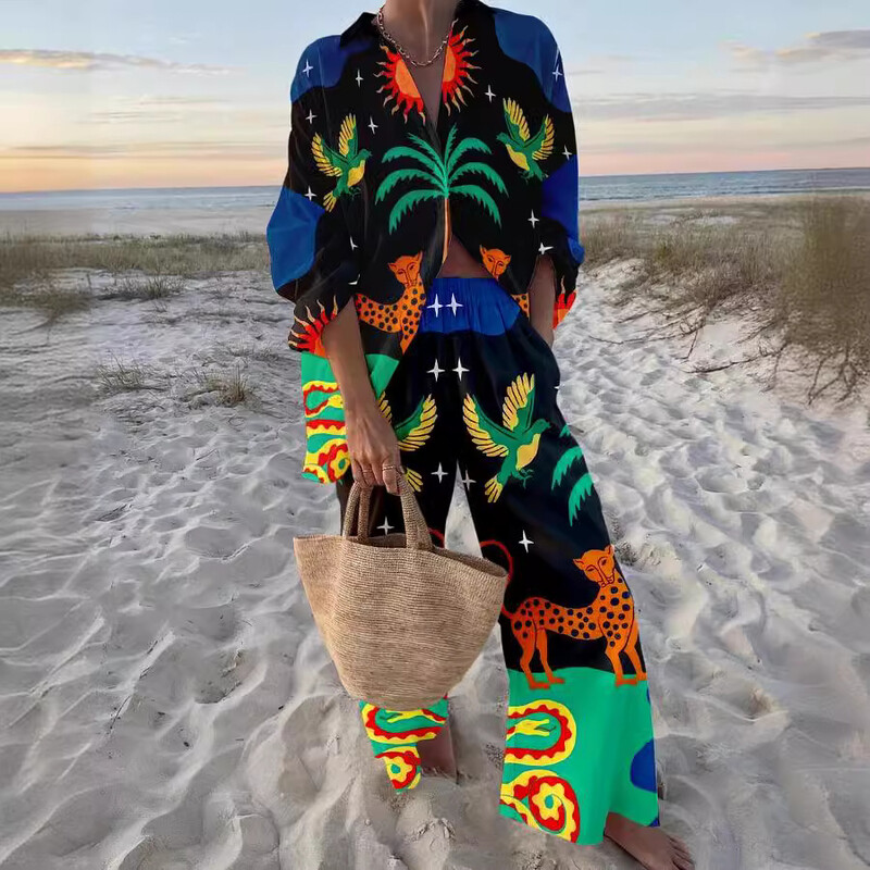 Модни ваканционни тоалети с принт Дамски комплекти с риза с дълъг ръкав и широки панталони Летен ежедневен свободен плажен комплект от две части 2024 г. Нов