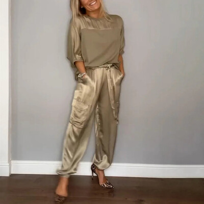 Γυναικεία Μόδα Άνοιξη Καλοκαίρι Μονόχρωμο σατέν σετ δύο τεμαχίων στρογγυλή λαιμόκοψη μακρυμάνικο τοπ παντελόνι casual loose σετ δύο τεμαχίων