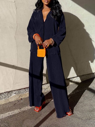 QFAF moodne plisseeritud naiste komplekt pikkade varrukatega ülisuure särgi ja laiade pükstega 2023 elegantne spordidress, kaks 2-osalist komplekti