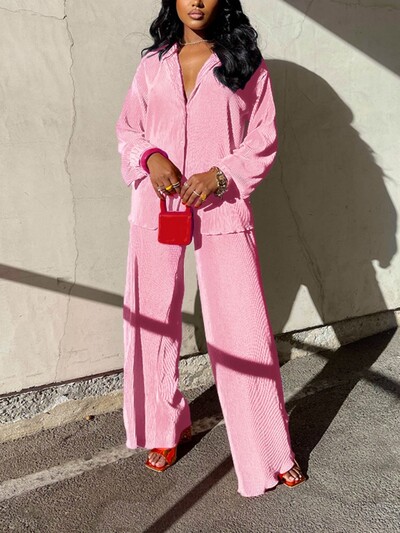 QFAF moodne plisseeritud naiste komplekt pikkade varrukatega ülisuure särgi ja laiade pükstega 2023 elegantne spordidress, kaks 2-osalist komplekti