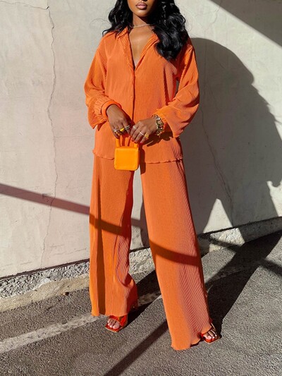 QFAF moodne plisseeritud naiste komplekt pikkade varrukatega ülisuure särgi ja laiade pükstega 2023 elegantne spordidress, kaks 2-osalist komplekti