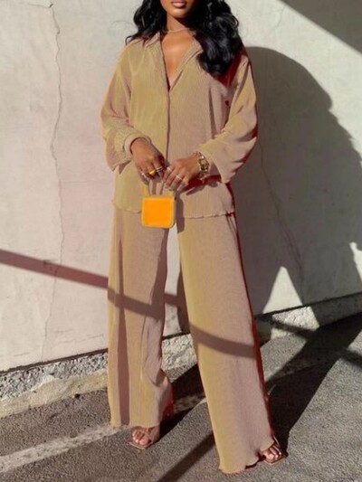 QFAF moodne plisseeritud naiste komplekt pikkade varrukatega ülisuure särgi ja laiade pükstega 2023 elegantne spordidress, kaks 2-osalist komplekti