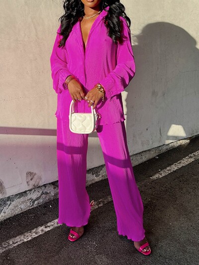 QFAF moodne plisseeritud naiste komplekt pikkade varrukatega ülisuure särgi ja laiade pükstega 2023 elegantne spordidress, kaks 2-osalist komplekti