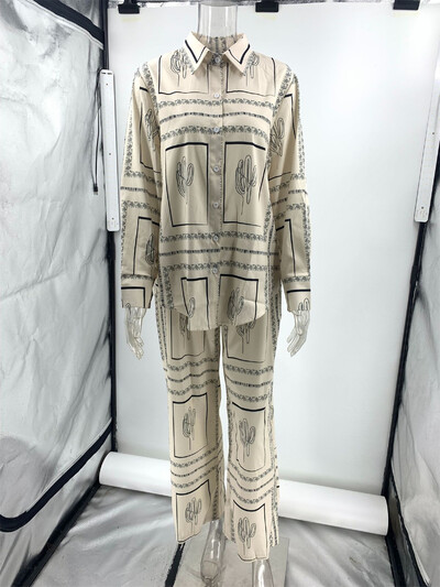 Ženske košulje s printom, dvodijelni set s reverima, gornji dio dugih rukava, visoki struk, široke hlače 2024., proljeće ljeto, ženska odijela za dom