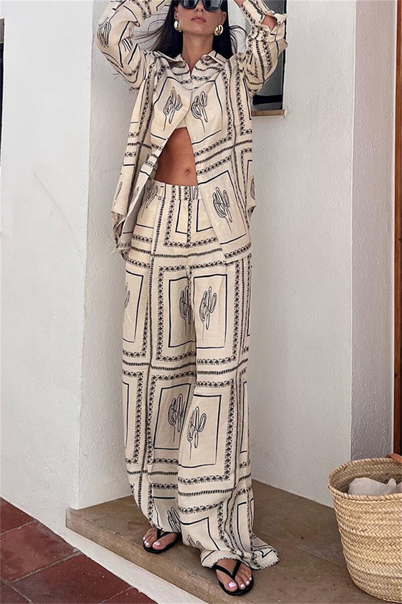 Ženske košulje s printom, dvodijelni set s reverima, gornji dio dugih rukava, visoki struk, široke hlače 2024., proljeće ljeto, ženska odijela za dom