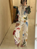 Odmor na plaži Široki kompleti hlača s printom od 2 komada Ženska bluza s dugim rukavima na rever Hlače sa širokim nogavicama Odijelo za ljetni odmor