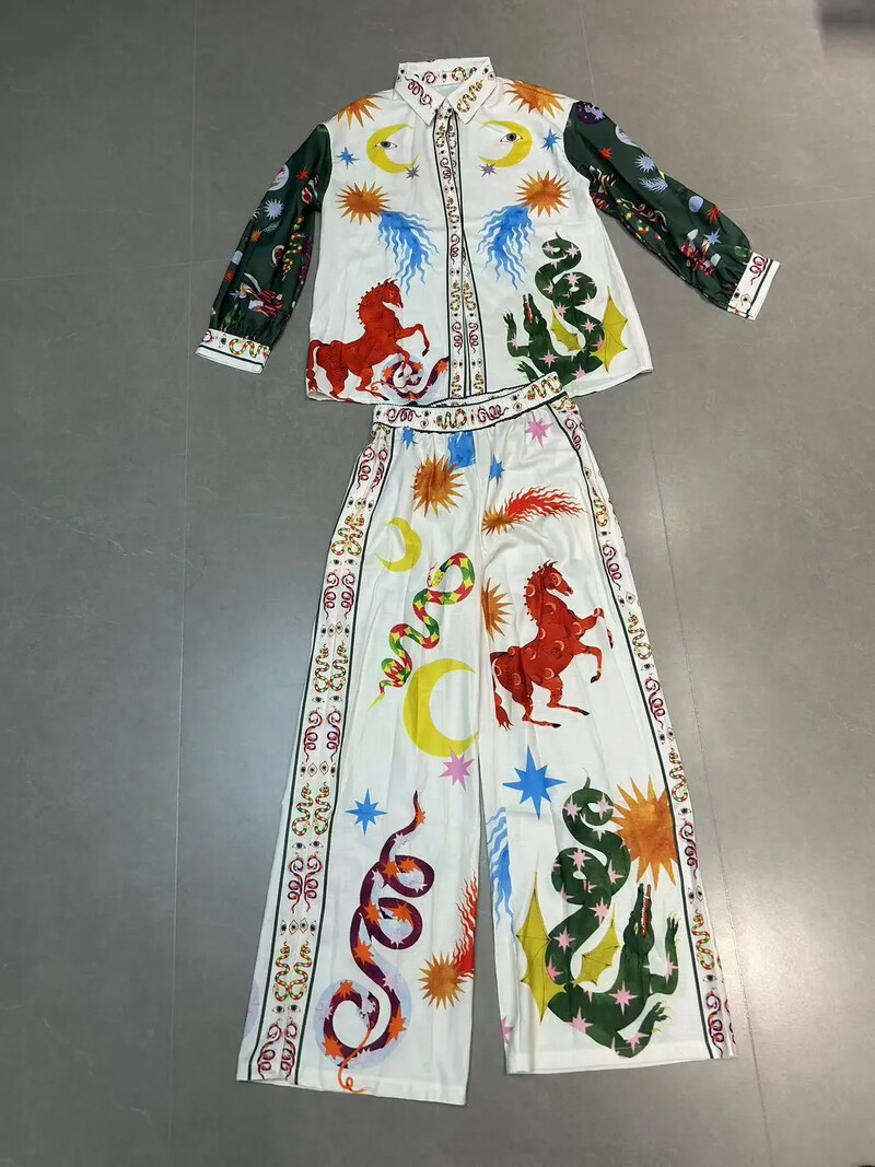 Odmor na plaži Široki kompleti hlača s printom od 2 komada Ženska bluza s dugim rukavima na rever Hlače sa širokim nogavicama Odijelo za ljetni odmor