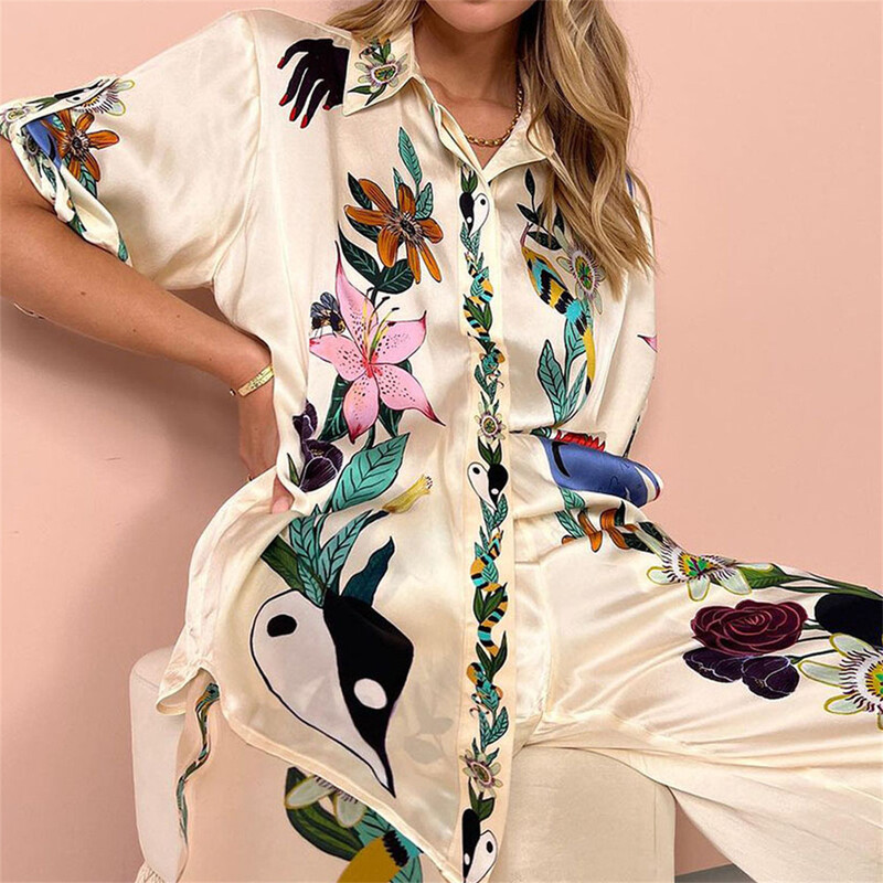 Põhjuslikud satiintrükiga püksid, 2-osalised komplektid naistele Moodsad üherealised pikkade varrukatega särgid, mis sobivad naistele puhkuserõivad